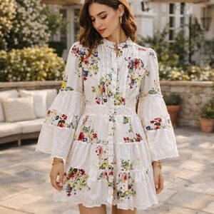 Beulah White Eyelet Floral Long Sleeve Mini Dress Size L
